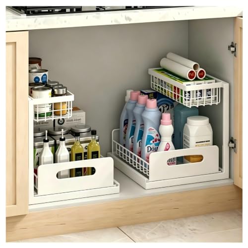 2 Pack Upgraded Under Sink Organizer, 2 Tier Pull out Kitchen Cabinet Organizer Metal Slide out Bathroom Organizers and Storage Makeup Drawer Organizer for Office Bedroom Restroom Living Room, L-White - color: L-White