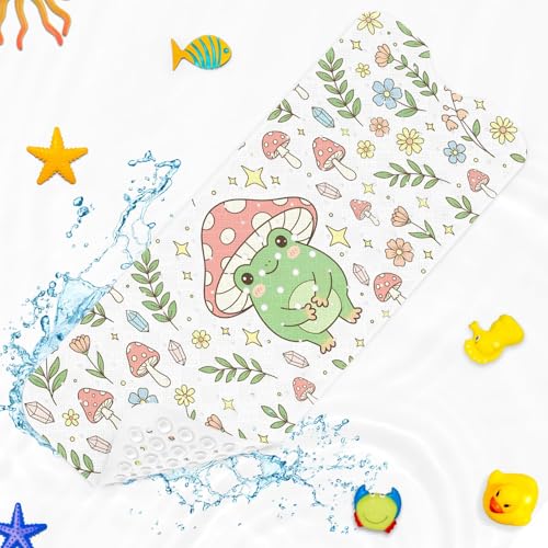Green Cute Frog Mushrooms Bathtub Shower Mat Summer Leaf Flower Non-Slip Tub Mat Extra Long Bath Floor Mats 40X16 Inch Machine Washable for Bathroom Tub Bath Mat for Toddler and Baby - color: Green Frog Mushrooms