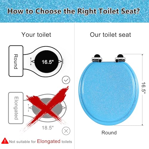 Angol Shiold Glitter Toilet Seat Molded Wood Round Toilet Seat with Quietly Close and Quick Release Hinges, Easy to Clean also Easy to Install (Round 16.5'', Blue) - color: Blue, size: Round 16.5‘’