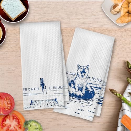 Funny Shiba Inu Gifts - Summer Lake House Kitchen Decor Set | Shiba Inu Gifts Waffle Dish Towels, Lake Gifts Hand Towels, Summer Shiba Inu Gift Tea Towel, 16×24 Inches Set of 2 - color: Shiba Inu