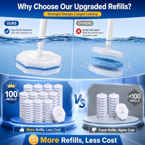 100 Pcs Disposable Toilet Wand Refills Bulk,No Cleaner Required | Disposable Toilet Brush Refills,No Falling Apart,4X Thick Lather Cleaning Power,Fresh Scent,Fits Clorox and Most Toilet Wands