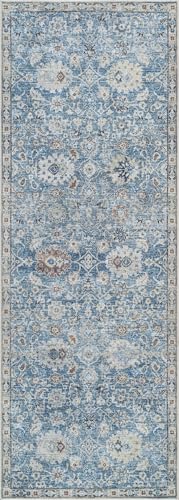 Bloom Rugs Caria Washable Non-Slip 7 ft Runner - Blue/Beige Traditional Runner for Entryway, Hallway, Bathroom, and Kitchen - Exact Size: 2'6" x 7' - color: Blue / Beige, size: 2'6" x 7' (Runner)
