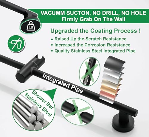 Upgrade 17.7inch Black Shower Slide Bar w/ Vacuum Suction Cup,Reusable & Removable Handheld Shower Head 360°Adjust,Hassle-Free Install for Bathroom Wall Mount,Stainless Steel,No-Drill Renter Friendly - color: Matte Black