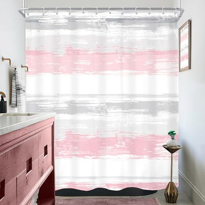 Abstract Gray Pink Women Modern Striped Neutral Bathroom Shower Curtain Set | 60Wx72H Geometric Watercolor design, waterproof HD print with fast-drying fabric and 12 hooks. - color: A3-pink Grey, size: 60"W x 72"L (Pack of 1)