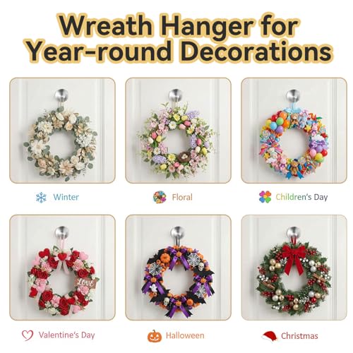 Suction Cup Wreath Hangers for Front Door Glass, Heavy Duty Vacuum Holder with Extended Hook, Washable Reusable Towel Hooks for Bathroom Shower, Silver 2 Pack Stainless Steel - color: Silver