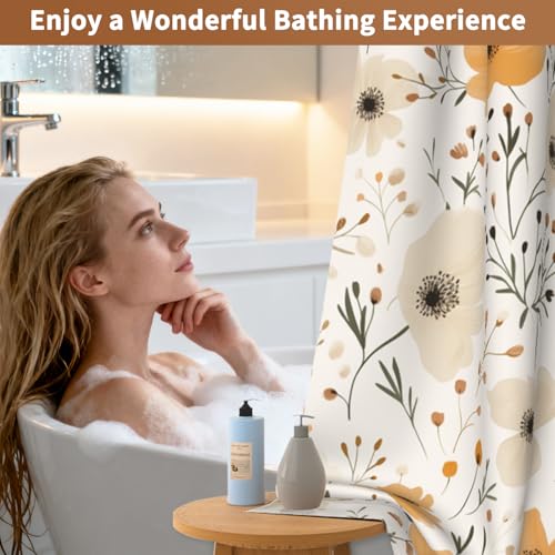 No Hook Shower Curtain with Snap in Liner, Double Layers Waterproof Bathroom Shower Curtain Sets with See Through Window and Weighted Hem, Floral Bath Curtain for Bathroom and Hotel, 71" W x 74" L - color: Beige Flowers