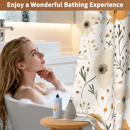 No Hook Shower Curtain with Snap in Liner, Double Layers Waterproof Bathroom Shower Curtain Sets with See Through Window and Weighted Hem, Floral Bath Curtain for Bathroom and Hotel, 71" W x 74" L - color: Beige Flowers
