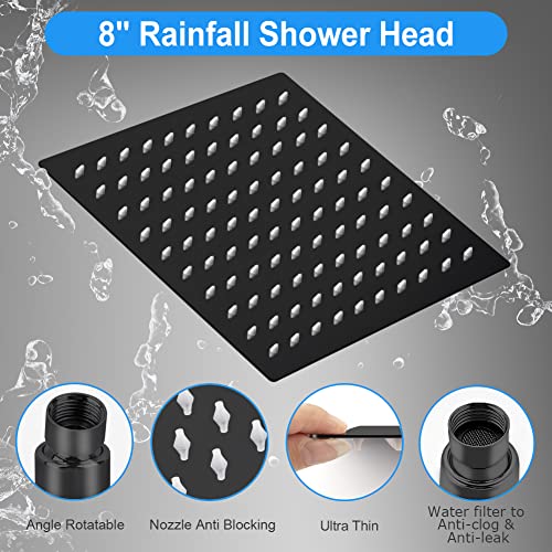 Shower Head, Kaqinu 8'' High Pressure Rainfall Shower Head/Handheld Showerhead Combo with 11” Extension Arm, Anti-leak Shower Head with Holder/Hose, Flow Regulator - Matt Black - color: Matt Black, size: 8 Inch