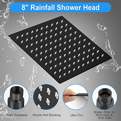 Shower Head, Kaqinu 8'' High Pressure Rainfall Shower Head/Handheld Showerhead Combo with 11” Extension Arm, Anti-leak Shower Head with Holder/Hose, Flow Regulator - Matt Black - color: Matt Black, size: 8 Inch
