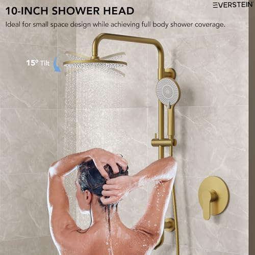 10 Inch High Pressure Rainfall Shower System with Slide Bar, Wall Mount Bathroom Round Shower Faucet Set with Valve, Brushed Gold - color: Brushed Gold