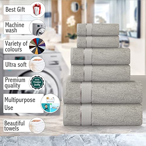 6 Piece 100% Cotton Bath Towel Set - 2 Bath - 2 Hand - 2 Face, Grey | 100% Cotton • Thick & Plush • Hotel Quality • Ultra Soft • Highly Absorbent • Quick Dry • Low Lint • Machine Washable - color: Light Grey