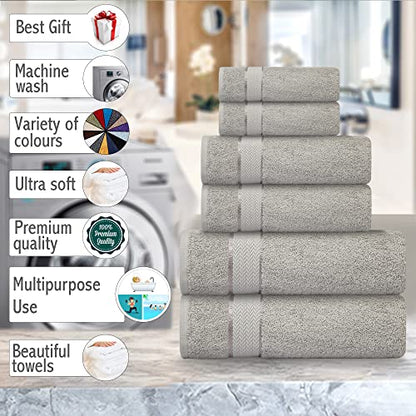 6 Piece 100% Cotton Bath Towel Set - 2 Bath - 2 Hand - 2 Face, Grey | 100% Cotton • Thick & Plush • Hotel Quality • Ultra Soft • Highly Absorbent • Quick Dry • Low Lint • Machine Washable - color: Light Grey