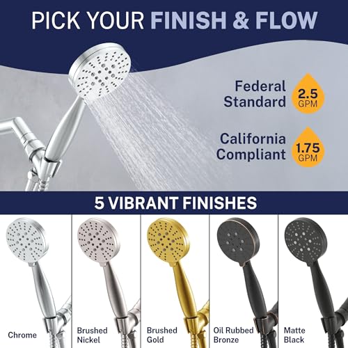 HammerHead Showers® Solid Metal 3-Spray Handheld Shower Head with Long Hose and Holder - CHROME - 2.5 GPM High Pressure Shower Head with Handheld Sprayer - WIDE, MASSAGE, and MIST Sprays - color: Polished Chrome, size: 2.5 GPM Standard