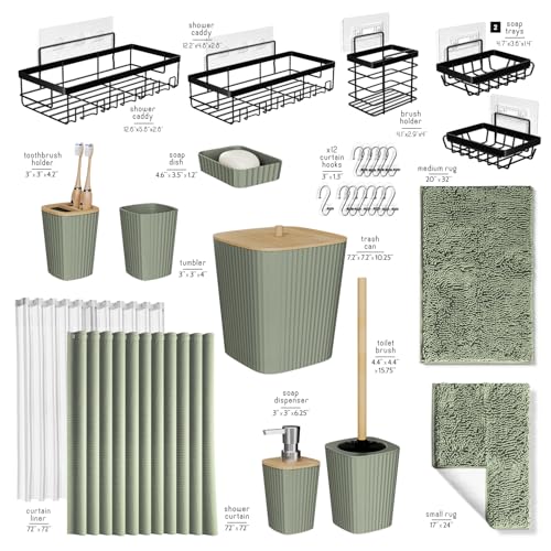 Clara Clark Bathroom Accessories Set - 27PC Bathroom Set with Adhesive Corner Shower Caddy Hanging, Bathroom Sets with Shower Curtain and Rugs, Sage Green Shower Curtain Set with Bathroom Trash Can | 27 Piece Sage Green Bathroom Sets with Shower Curtain a