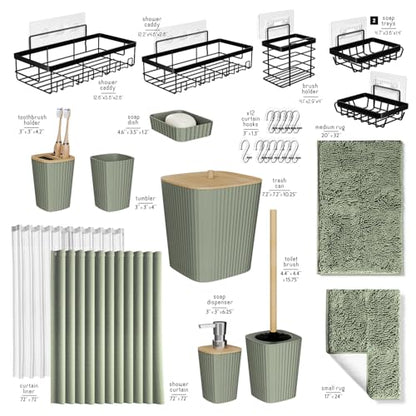 Clara Clark Bathroom Accessories Set - 27PC Bathroom Set with Adhesive Corner Shower Caddy Hanging, Bathroom Sets with Shower Curtain and Rugs, Sage Green Shower Curtain Set with Bathroom Trash Can | 27 Piece Sage Green Bathroom Sets with Shower Curtain a