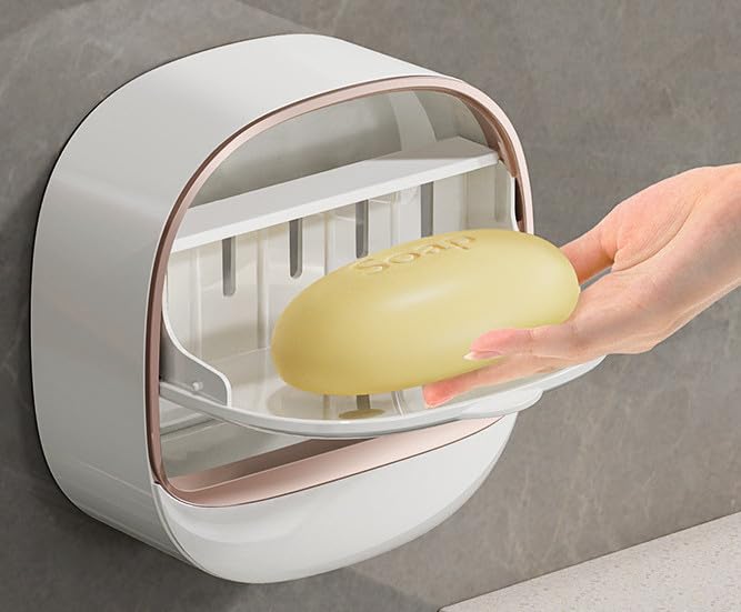 Shower Soap Dish Holder with Lid Wall Mounted Soap Box Bar Soap Holder with Drain Soap Box Container for Shower Bathroom Bathtub Kitchen Sink Adhesive Included (Dark Green) - color: Dark Green