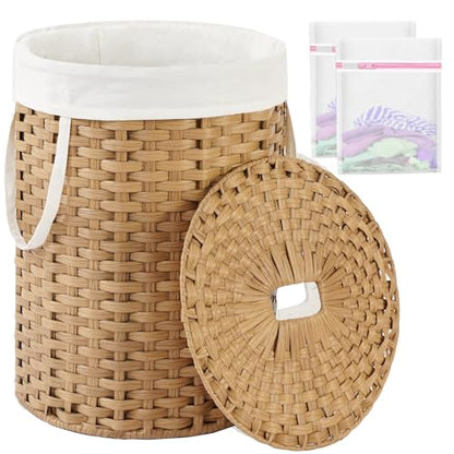 SETVSON Laundry Hamper with Lid 23.8 Gal (90 L) PE Rattan, Natural | 90L 23.8 Gal Round PE Rattan Hamper with Lid, Removable Washable Liner Bag, 2 Mesh Wash Bags, Steel Frame, Handles - color: Natural, size: 90 L