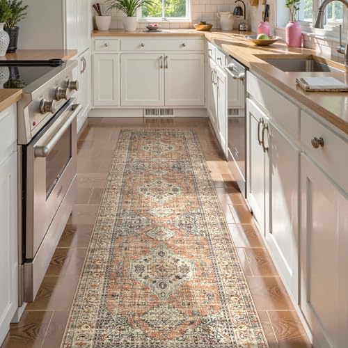 Lahome Oriental Kitchen Runners for Hallways, 2.5x10 Washable Runner Rug Non Slip, Soft Hallway Rug Distressed Ultra-Thin Long Carpet for Bathroom Entryway ‎Bedroom Eleanor, Peach/Orange - color: Terracotta, size: 2.5' x 10' (Runner)