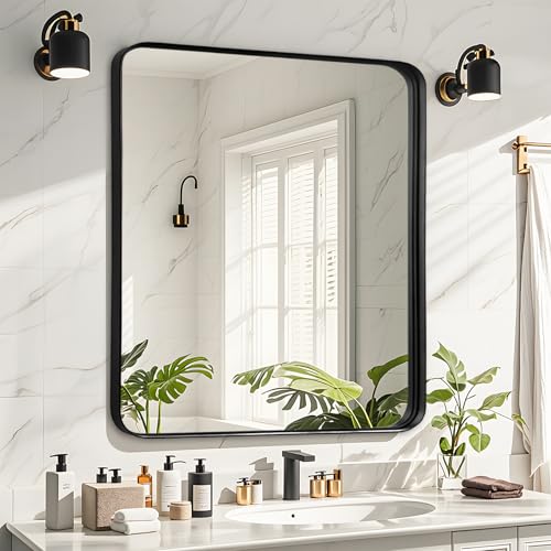 Fabuday Bathroom Mirror Wall Mounted - 26x28 Inch Framed Balck Mirrors for Bathroom Over Sink with Rectangle Frame, Black Matte Frame Vanity Mirrors for Bedroom, Restroom, Farmhouse, Entryway Decor - color: Black, size: 26"L x 28"W