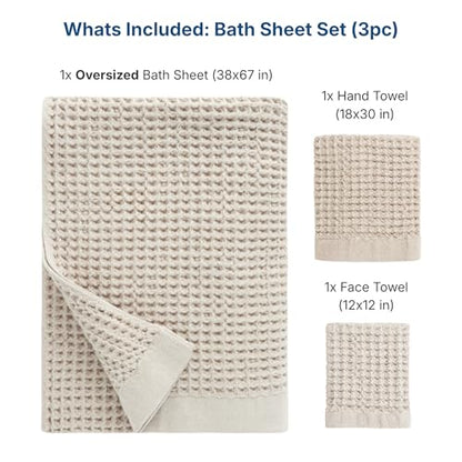 ONSEN Supima® Waffle Bath Sheet Set, Quick Dry Lint Free 100% USA Cotton, Large Bath Sheet Hand and Face Towel Bundle, 3 Piece (Oatmeal, Bath Sheet Set) - color: Oatmeal, size: Bath Sheet Set