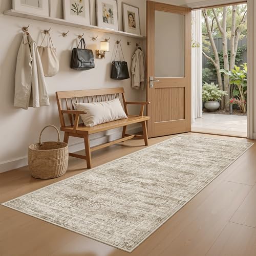 Soalmost Runner Rug 2x6 Washable Kitchen Hallway Runners Non-Slip Brown | Soft Low-Pile Rugs for Entry Bathroom Laundry Room, Vintage Foldable Floor Carpet Mat Entryway for Corridor Bedroom - color: Brown, size: 2' x 6' (Runner)