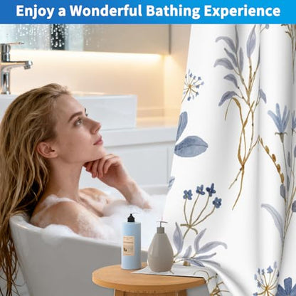 Watercolor Blue Floral Shower Curtains for Bathroom, No Hook Shower Curtain with Snap in Liner and Sheer Top Window, Double Layers Waterproof Fabric Bathroom Shower Curtain Sets with Weighted Hem - color: Blue Wildflower