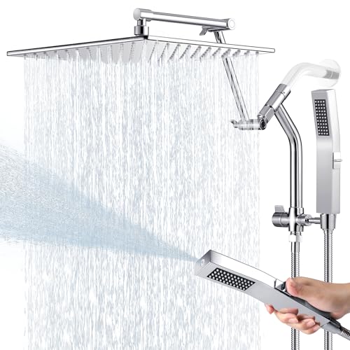 All Metal 10 Inch Rain Shower Head with Handheld Built-in Power Wash Mode, High Pressure Waterfall Rainfall Square Shower Heads with 16" Adjustable Extension Arm, Dual Showerhead(Chrome) - color: Chrome, size: 10 Inch
