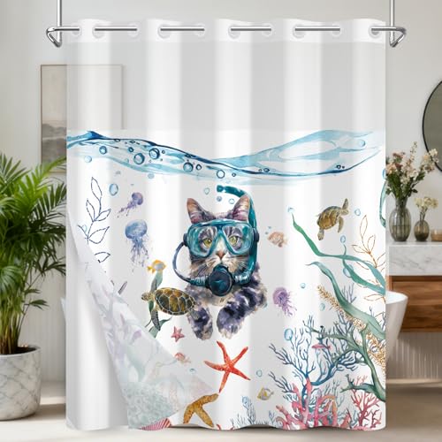Ocean No Hook Cat Funny Shower Curtain, Waterproof Kids Shower Curtain with Snap in Liner and Mesh Top Window, Funny Shower Curtains for Bathroom, Cute Diving Cat Nautical Bath Curtain, 71x74 Inches - color: Scuba Diving Cat
