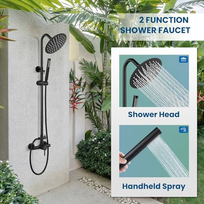gotonovo 304 Stainless Steel Outdoor Shower Fixtures Exposed,Matte Black | 8 Inch Rain Showerhead with Handheld Sprayer Outdoor Outside Shower Kit System Faucet Head Valve Wall Mount for Pool Backyard - color: Black