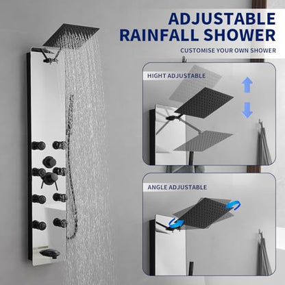 BWE Stainless Steel Shower Panel Tower System Black Split Type | Multi-Function Tempered Glass Shower Panel Rainfall Shower Head Sprayer 8-Massage Jets with Tub Spout Hand Shower