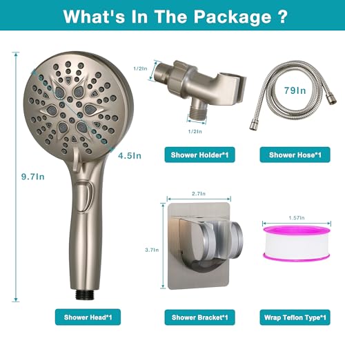 GwernKB Handheld Shower Head with ON OFF Switch & 79in Stainless Steel Hose | Brushed Nickel,Built-in Power Spray,7-mode High Pressure Spray with Bracket & Extra No Drilling Shower Holder for Lower Mount - color: Brushed Nickel