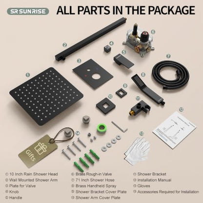 SR SUN RISE Black Square Rainfall Shower Head and Handle Set, Wall Mounted Shower Fixtures, Metal Shower Faucet Trim Repair Kits (With Shower Valve) - color: Matte Black, size: 10 Inch
