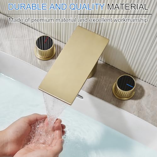 becola Brushed Gold Bathroom Faucet 3 Hole, 8 inch Widespread Bathroom Faucet with Top Storage, Waterfall Bathroom Faucet，2-Handle Modern Vanity Faucet with Adjust Knobs and Two Supply Lines - color: Gold
