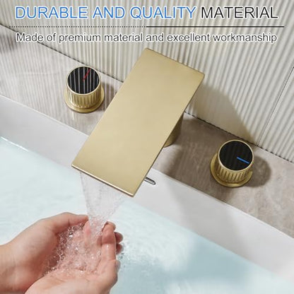 becola Brushed Gold Bathroom Faucet 3 Hole, 8 inch Widespread Bathroom Faucet with Top Storage, Waterfall Bathroom Faucet，2-Handle Modern Vanity Faucet with Adjust Knobs and Two Supply Lines - color: Gold