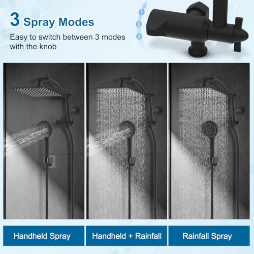 Hibbent All Metal 8" High Pressure Rain Shower Head Combo, Matte Black | cUPC Certified Rainfall Shower Head with handheld 10 Sprays, 16'' Adjustable Extension Arm, 71'' Hose, Showerhead Holder - color: Matte Black, style: Square 8''