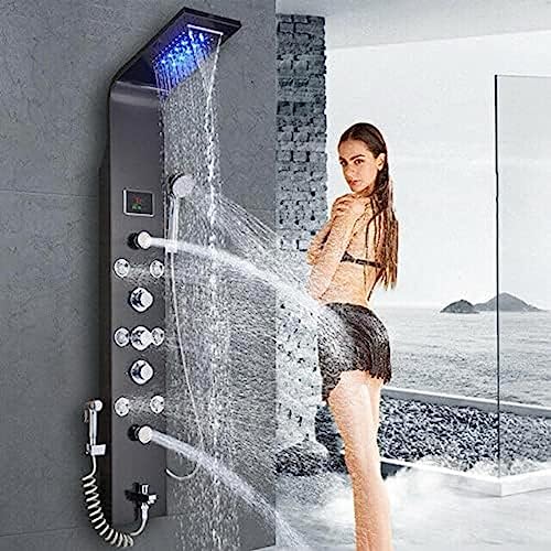 Stainless Steel Shower Panel Tower Suit,LED Rainfall Waterfall Shower Head 6-Function Faucet Rain Massage Suit with Body Jets