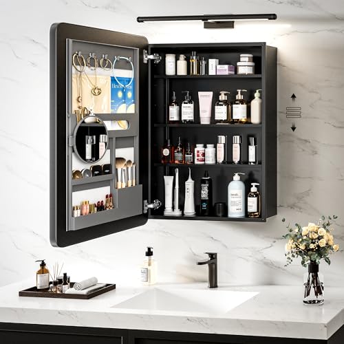 20x30 Black Medicine Cabinet Mirror, Recessed or Surface Mount | Built-in makeup organizer with lipstick slots, Brush holders and inner mirror; 3 adjustable shelves; Rustproof aluminum - size: 20" x 30"