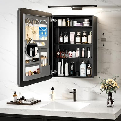 20x26 Black Medicine Cabinet Mirror, Recessed or Surface Mount | Built-in makeup organizer with lipstick slots, Brush holders and inner mirror; 3 adjustable shelves; Rustproof aluminum - size: 20" x 26"