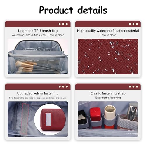 BOYATU Travel Makeup Bag Organizer Cosmetic Bag: 3 Pcs Set Make up Bags for Women with Handle - Waterproof Vegan Leather Toiletry Bags Travel Essentials Pouch with Compartments (A-04-Red) - color: 02-D-Red