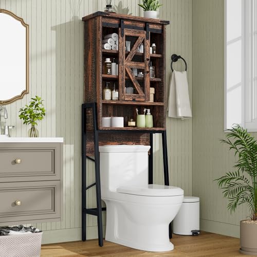 kepptory Over The Toilet Storage Cabinet with Sliding Barn Door, Over Toilet Bathroom Organizer with Adjustable Shelves and Metal Frame, Farmhouse Space Saver The Toilet Rack (Brown) - color: Brown