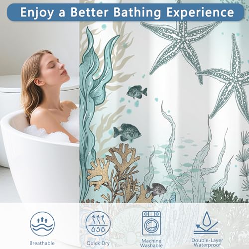 No Hook Shower Curtain with Snap in Liner, Waterproof Ocean Shower Curtain with Sheer Top Window and Weighted Hem, Coastal Underwater Starfish Design Bathroom Shower Curtains, 71" W x 74" L - color: Undersea Starfish