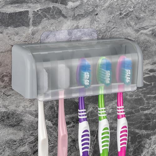 LUEXBOX 5 Slots Wall Mount Toothbrush Holder with Cover, Self Adhesive Toothbrush Storage Organizer for Shower, Toothbrush Hanger for Bathroom, Medicine Cabinet, Dorm (Grey) - color: Grey 1pack