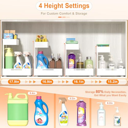 YJHome 2 Pack Expandable Under Sink Organizer, 2 Tier Pull Out Cabinet Organizer with Smooth Ball Bearing Slides, Adjustable Height Cabinet Storage Shelves for Kitchen, Bathroom, Laundry, Pantry - size: 2 Pack 9.8“-15"W