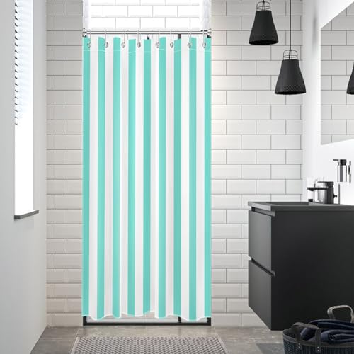 Modern Farmhouse Narrow Shower Curtain Set, 48 x 68 inch, Teal and White Striped Half Size Liner, Fabric Set with Hooks - color: Teal, size: 48"W x 68"L (Pack of 1)