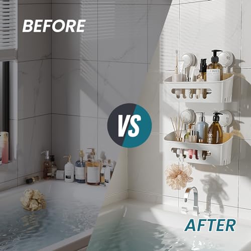 TAILI Shower Caddy Suction Cup 2 Pack, Heavy Duty Bathroom Organizer, Removable Shelves for Inside Shower, Shampoo, Waterproof Suction Plastic Storage for Bathroom Accessories Holder, White - style: 2 × White