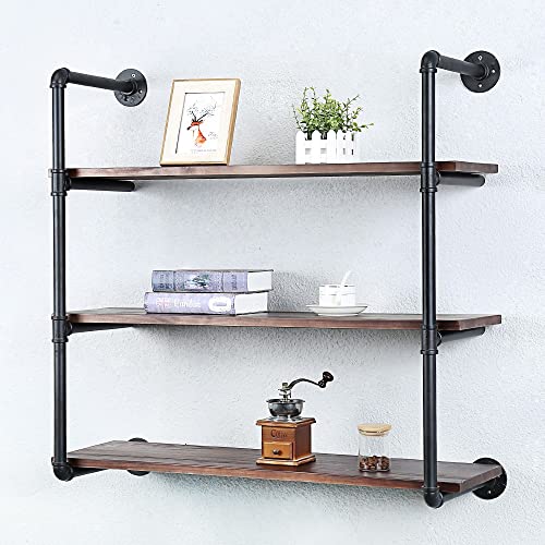 Industrial Pipe Shelves With Wood Planks,Rustic Pipe Shelving Wall Shelf | Metal Pipe Solid Pine Wood,Easy to Assemble,Wooden Board Thickness 0.78 In,For Bar Farmhouse Kitchen Office Bathroom,Bedroom - color: 3-layer, size: 36in