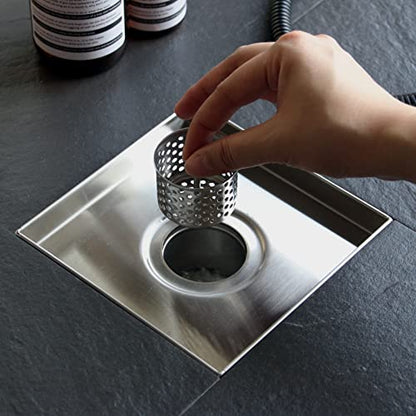 4 Inch Square Shower Drain with Tile Insert Grate, Brushed | 304 Stainless Steel, Square Tile Floor Drain for Bathroom, Removable Tile-In Drain Grate with Hair Strainer, cUPC Certified - size: 4 inch