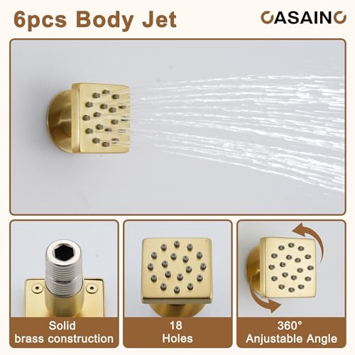 CASAINC 12 Inch Rain Shower Head with Handheld, Brushed Gold Thermostatic Shower System, Wall Mount Rainfall Shower System with Body Jets, 3-Functions Shower System with Thermostatic Valve - color: Brushed Gold, style: Style A