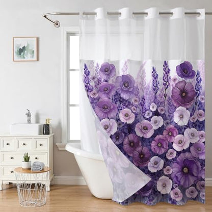 Purple Floral No Hook Shower Curtain with Snap in Liner- Elegant Flowers Oil Painting Shower Curtains for Bathroom- Fabric Inner Liner, Boho Bath Curtains- Machine Washable, 71 x 74 - color: Purple Floral