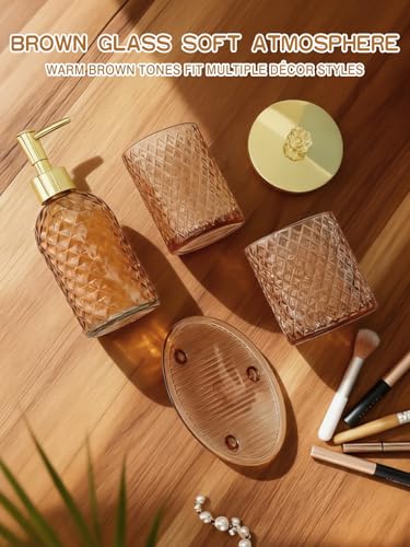 Haturi Glass Bathroom Accessories Set, Amber Brown Bathroom Set, 4 Pcs | Kit w/ Bathroom Soap Dispenser Set, Toothbrush Holder, Qtip Holder, Soap Dish, Brown Bathroom Decor, Gift for Home Apartment - style: Amber Brown